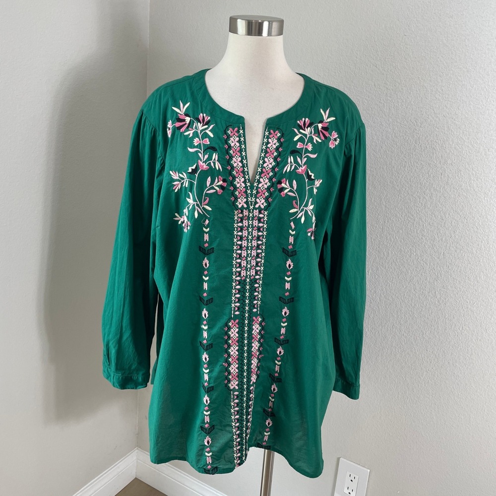 J Jill Womens Plus 2X Green Floral Embroidered Tunic Top Shirt Long Sleeve